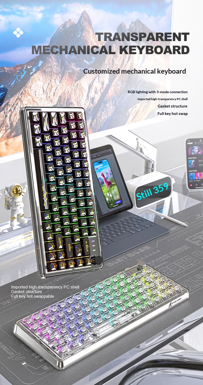 Tastiera meccanica wireless Bluetooth con guarnizione trasparente e sostituibile a caldo Attack Shark K75RGB_voghion.com