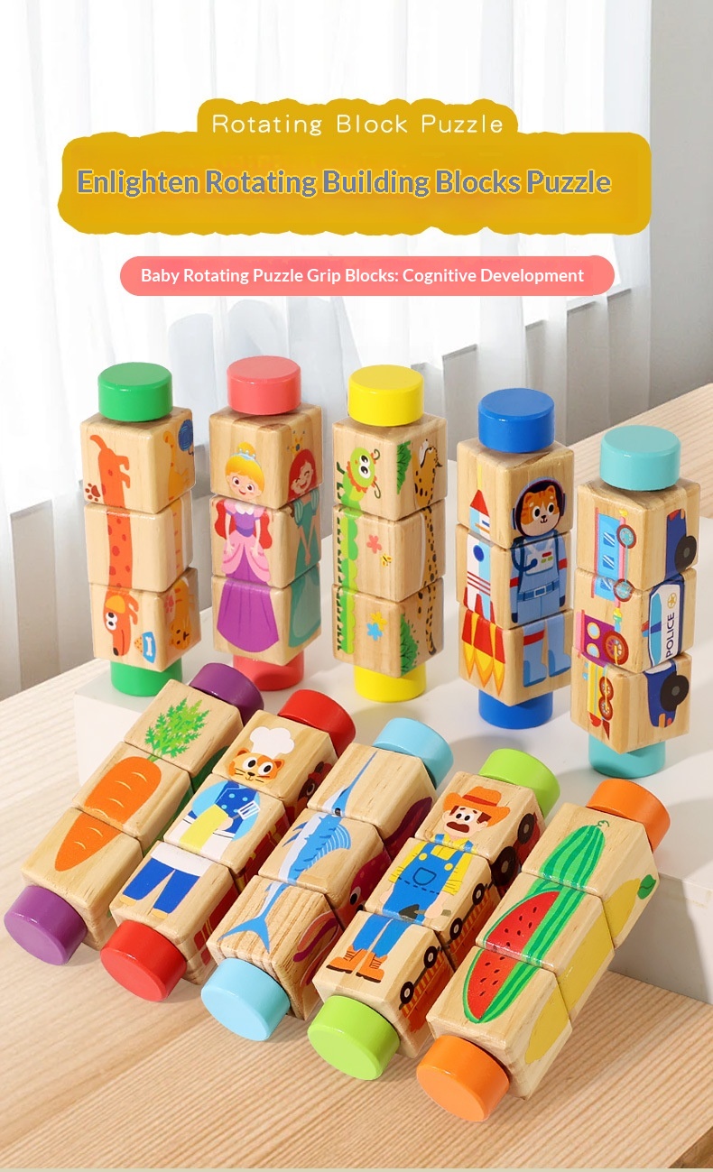 Quebra-cabeça de blocos giratórios para jardim de infância, de 3 a 6 anos, educativo, para aprendizagem precoce, interativo para pais e filhos._voghion.com