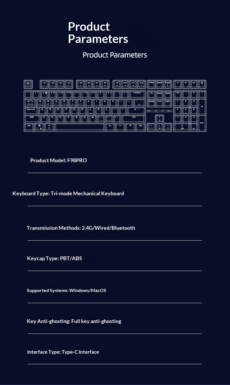 F98PRO Klavye, Oyun İçin Özelleştirilebilir Kablosuz Üç Modlu RGB Bluetooth Mekanik Klavye_voghion.com