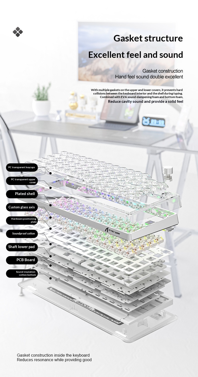 Teclado mecánico inalámbrico Bluetooth Attack Shark K75RGB con junta transparente e intercambiable en caliente_voghion.com