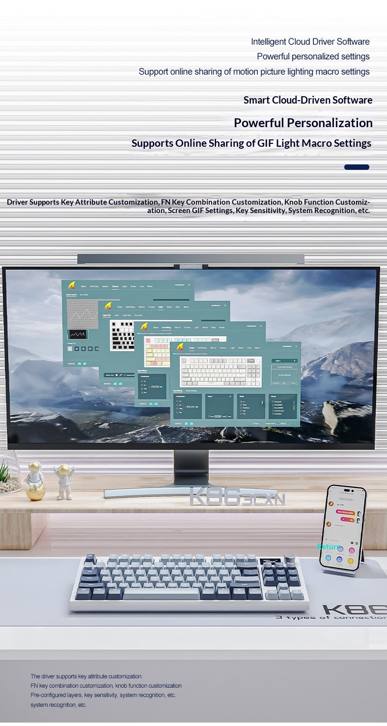 Tastiera da gioco meccanica wireless Bluetooth Attack Shark K86 Tri-Mode RGB con switch sostituibili a caldo, tastiera russa da gioco_voghion.com