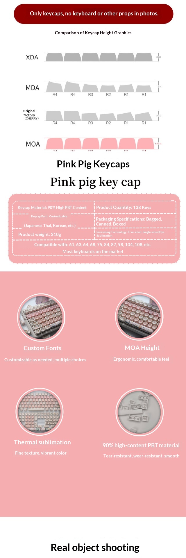 Juego completo de teclas personalizables de PBT con diseño de cerdito rosa MOA Height, cinco caras, sublimación de tinta._voghion.com