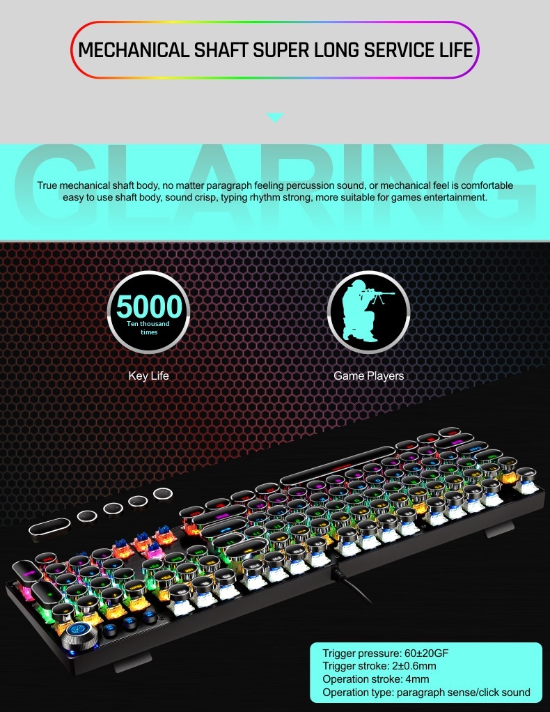 Tastiera meccanica autentica, stile steampunk rosa femminile, con manopole per computer blu e bianche a sublimazione, ideale per il mercato transfrontaliero._voghion.com