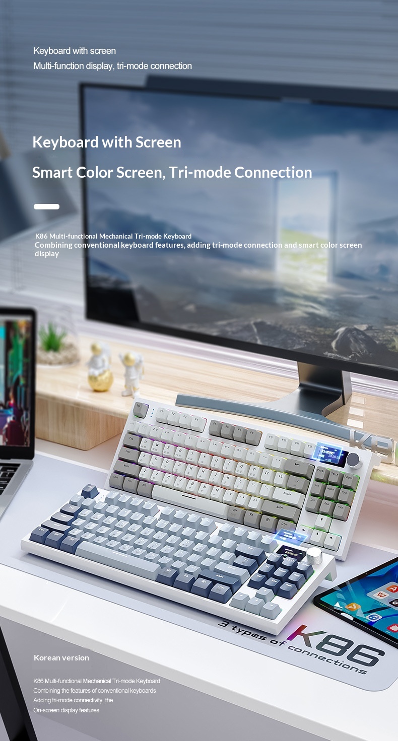 Tastiera meccanica wireless Bluetooth Attack Shark K86 Tri-Mode RGB con switch sostituibili a caldo, stile coreano._voghion.com