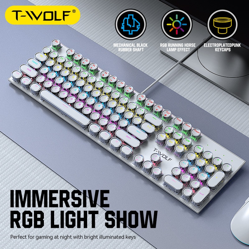 Tastiera meccanica da gioco T-WOLF Thunder Wolf T75 con pannello in metallo, stile punk retrò, rotonda, russa/coreana_voghion.com