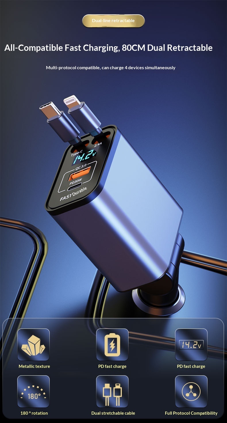 Car Charger Super Multi-Function Cigarette Lighter One-to-Four Retractable Cable PD Fast Charging Mobile Phone Adapter_voghion.com