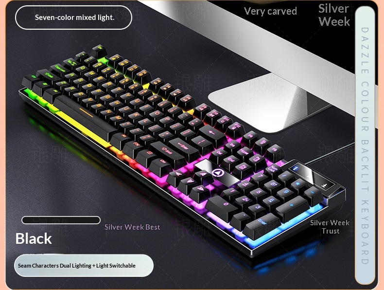 Teclado con cable para juegos Silver Eagle K500, con bloques de color, luminoso y tacto mecánico, accesorios para ordenador de sobremesa._voghion.com