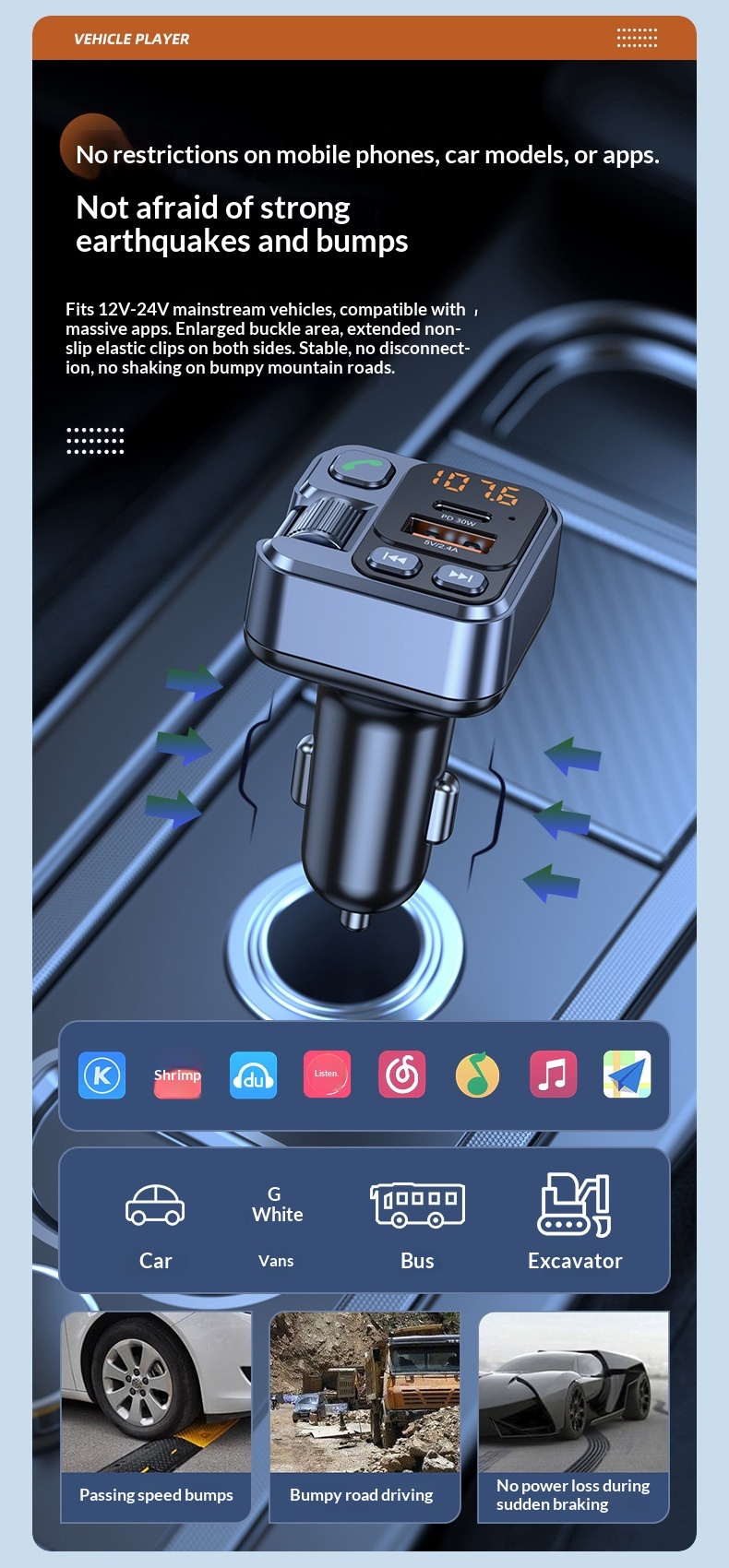Bluetooth bilsæt med mp3 afspiller og hurtigoplader_voghion.com