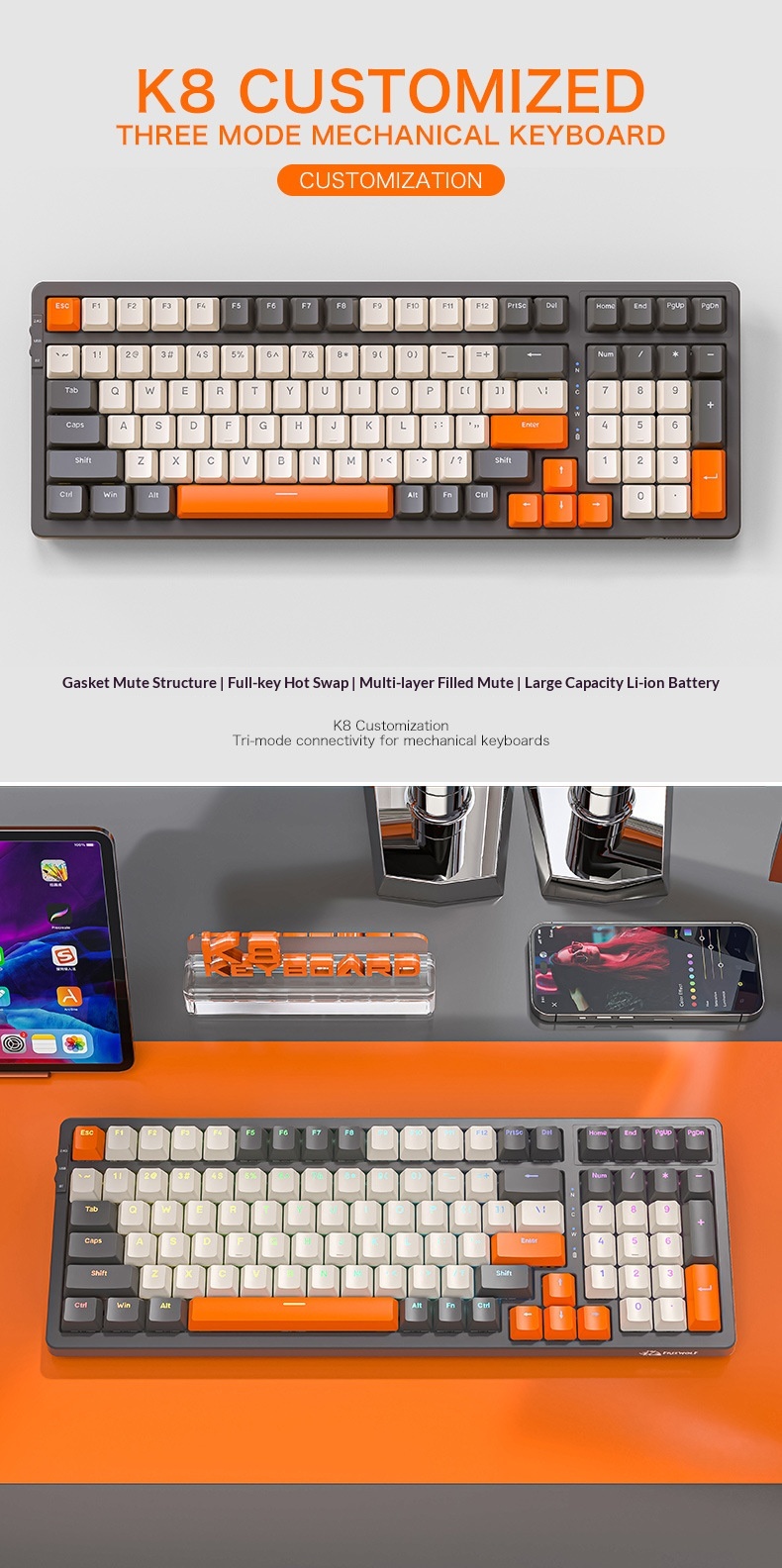 Liberty Wolf K8 Mechanical Keyboard Wireless 2.4G Bluetooth Tri-Mode Hot-Swappable Customizable Gaming Gasket Structure_voghion.com