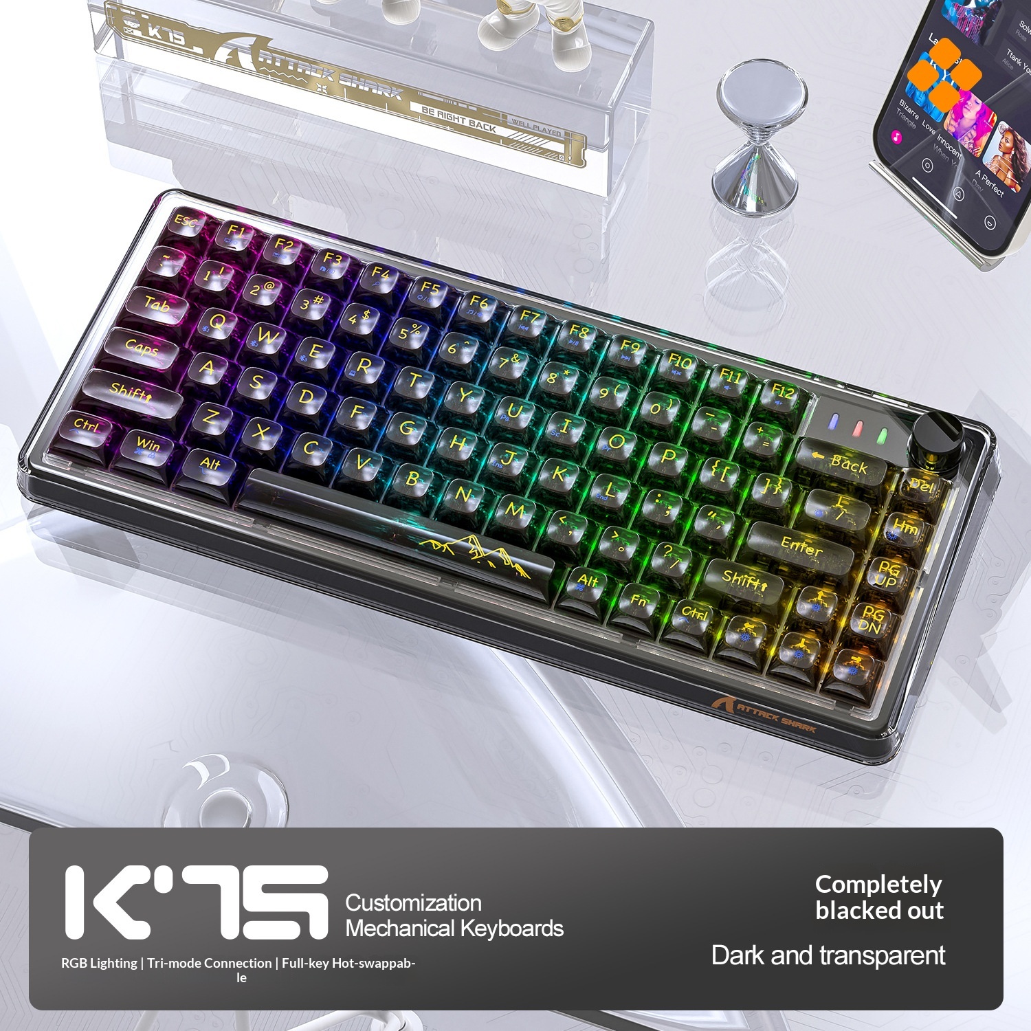 Teclado mecánico inalámbrico Bluetooth Attack Shark K75RGB con junta transparente e intercambiable en caliente_voghion.com