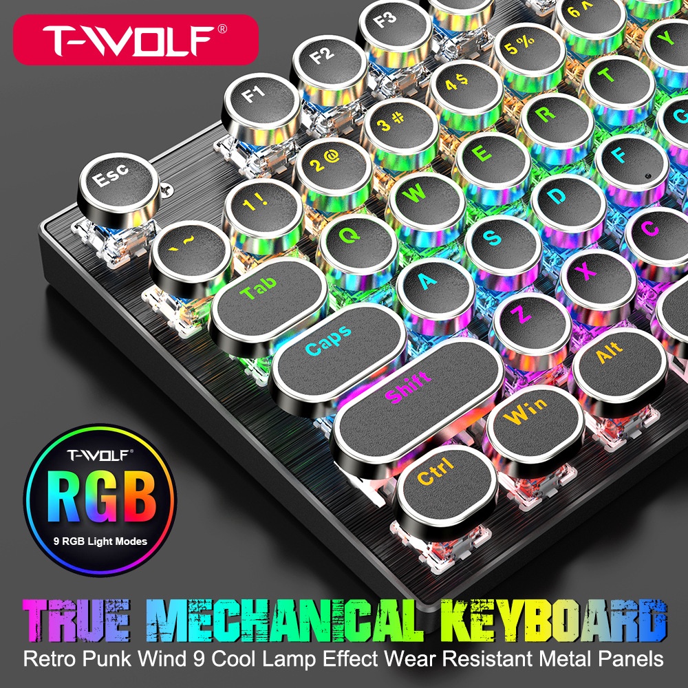 Tastiera meccanica da gioco T-WOLF Thunder Wolf T75 con pannello in metallo, stile punk retrò, rotonda, russa/coreana_voghion.com