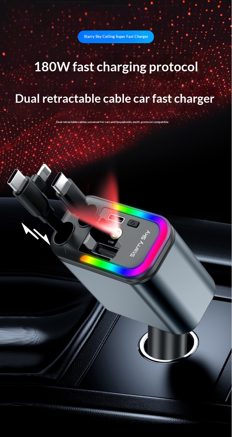 Car Charger With Retractable Cable Fast Charging Adapter_voghion.com