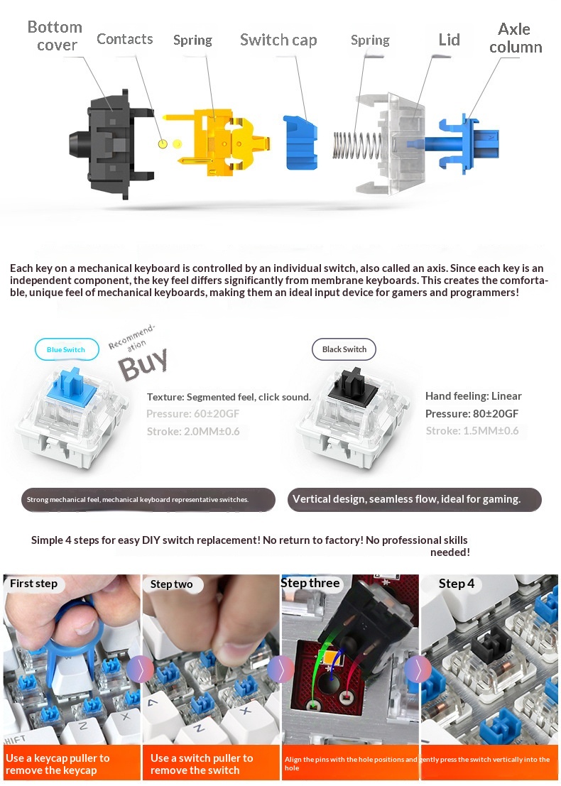 Silver Eagle Summoner True Mechanical Keyboard, Swappable Switches, Gaming Green Switch, Punk Style, Wired USB,_voghion.com