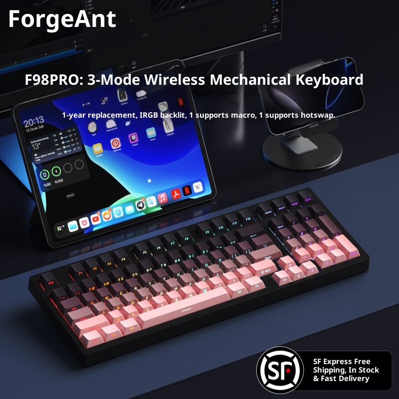 F98PRO Klavye, Oyun İçin Özelleştirilebilir Kablosuz Üç Modlu RGB Bluetooth Mekanik Klavye_voghion.com