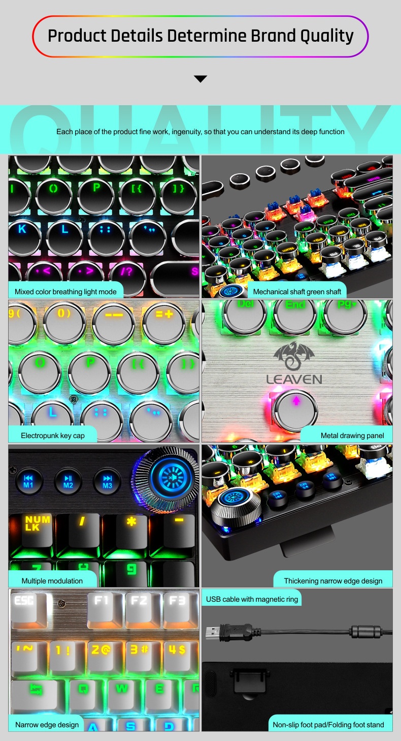 Tastiera meccanica autentica, stile steampunk rosa femminile, con manopole per computer blu e bianche a sublimazione, ideale per il mercato transfrontaliero._voghion.com