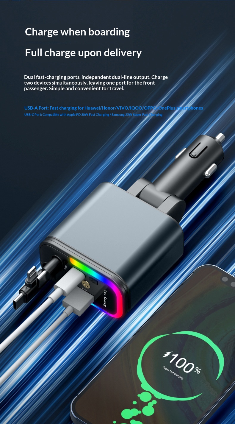 Car Charger With Retractable Cable Fast Charging Adapter_voghion.com