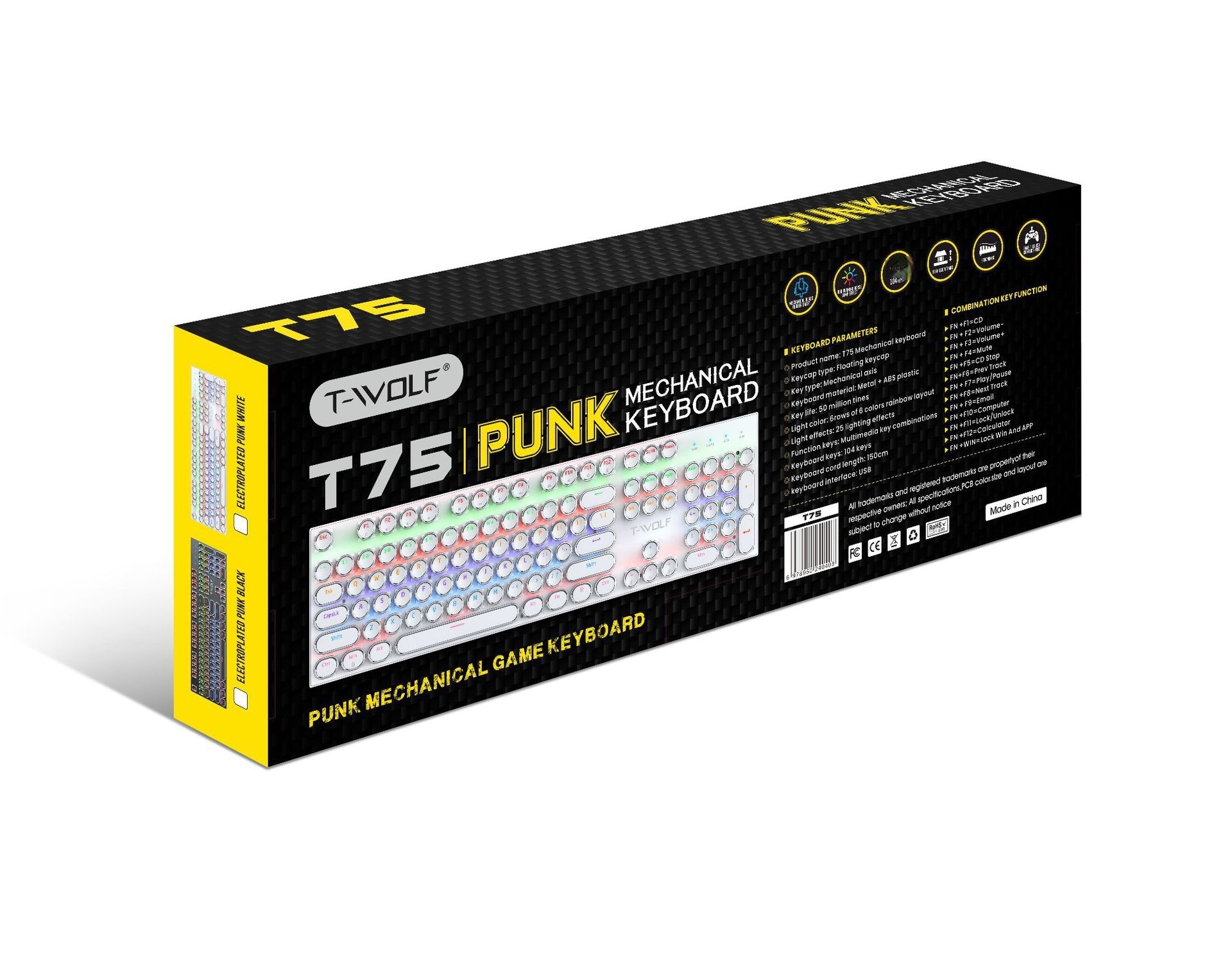 Tastiera meccanica da gioco T-WOLF Thunder Wolf T75 con pannello in metallo, stile punk retrò, rotonda, russa/coreana_voghion.com