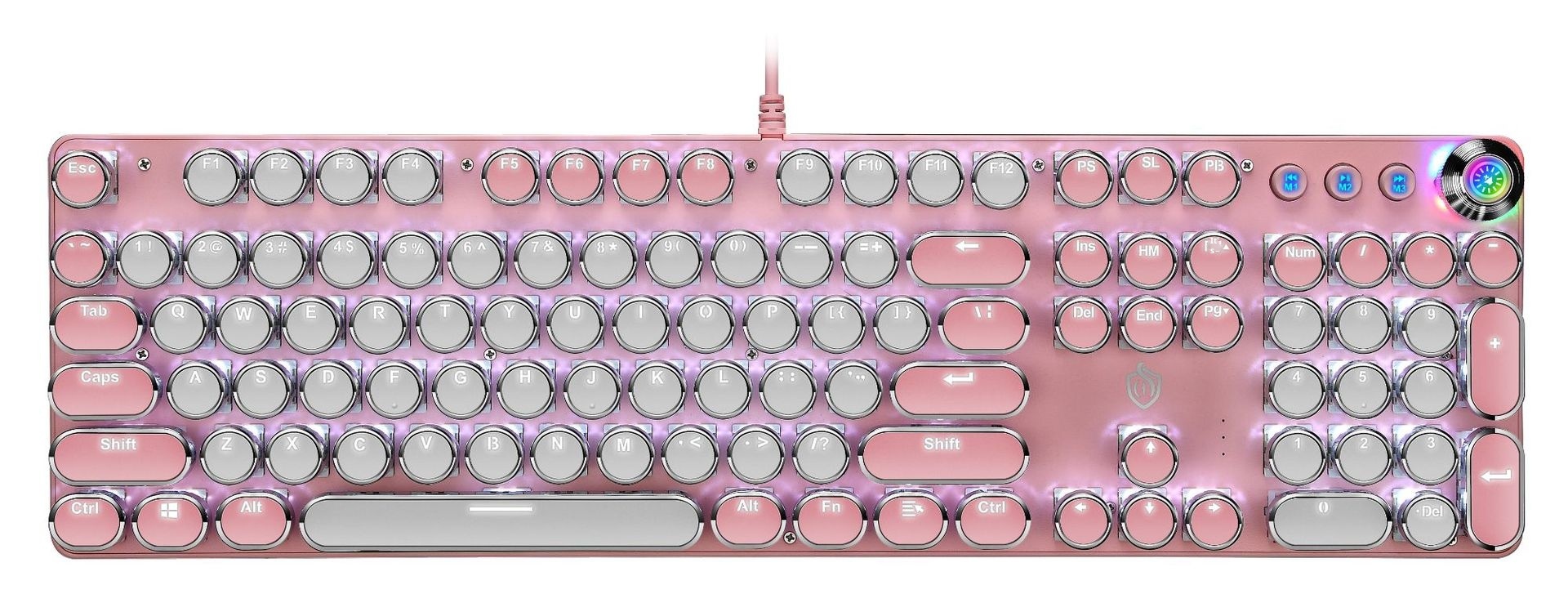 Tastiera meccanica autentica, stile steampunk rosa femminile, con manopole per computer blu e bianche a sublimazione, ideale per il mercato transfrontaliero._voghion.com