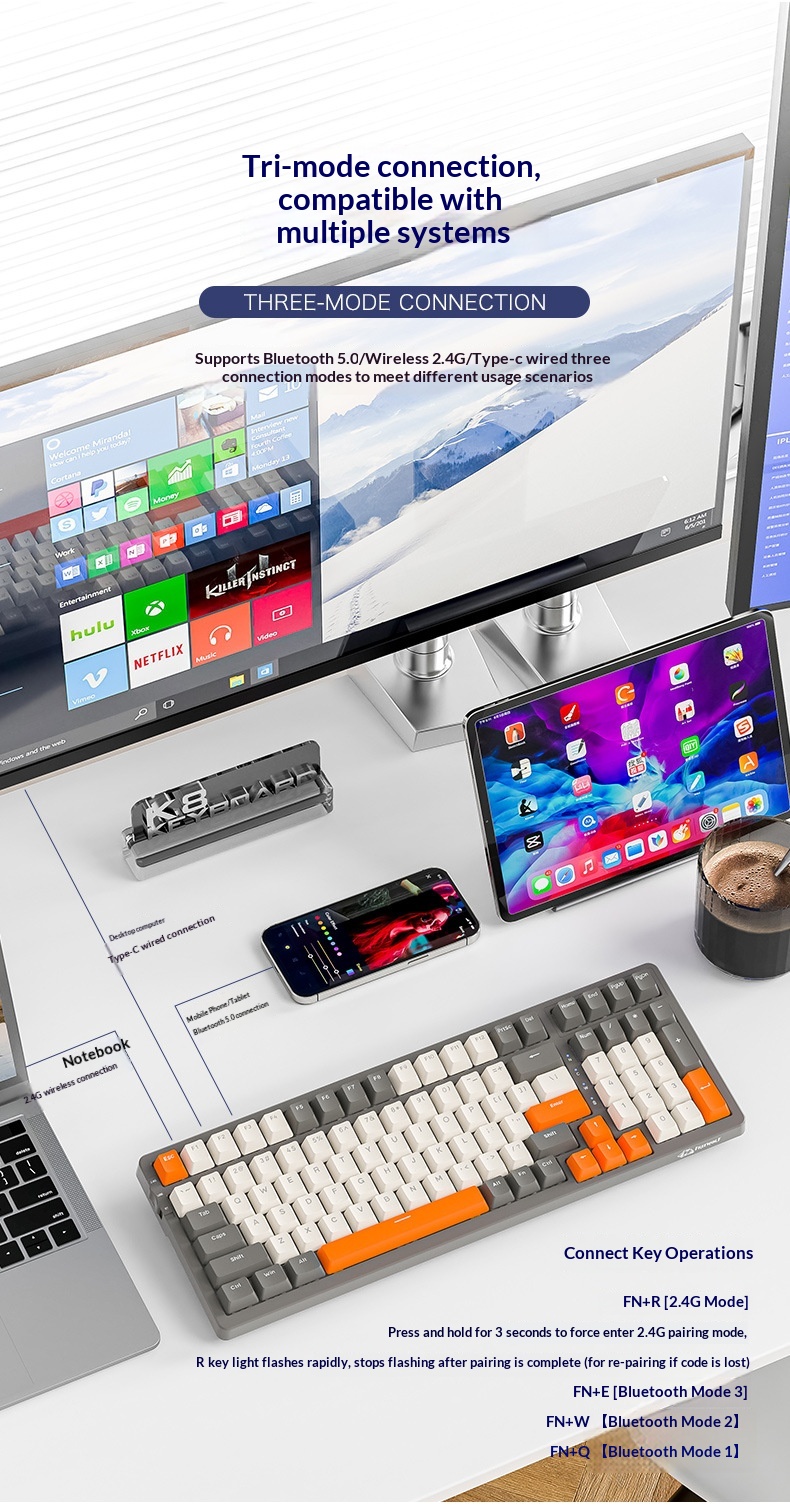 Liberty Wolf K8 Mechanical Keyboard Wireless 2.4G Bluetooth Tri-Mode Hot-Swappable Customizable Gaming Gasket Structure_voghion.com