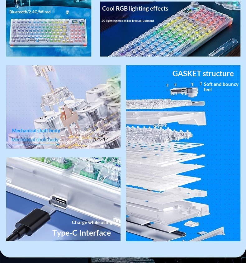 Wolf Spider F98pro/F98ProV3 Transparent Customized Three-Mode Wireless Bluetooth Mechanical Keyboard With Hot-Swappable_voghion.com