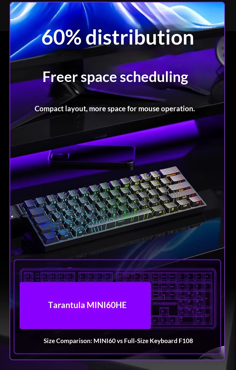 Wolf Spider MINI60HE Magnetic Switch Keyboard, Three-Mode RT, Customizable For E-Sports Gaming, Wired, 8K Report Rate,_voghion.com