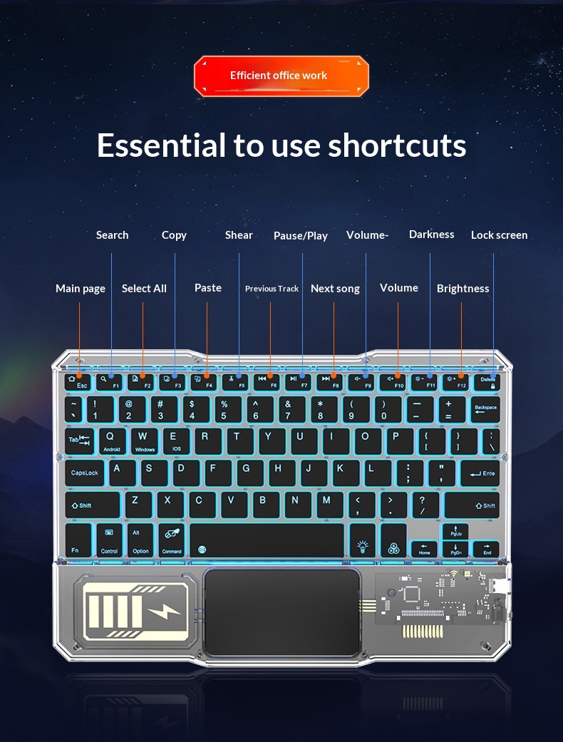 Compatible IPad Bluetooth Gradient Multi-System Device Silent Lightweight Portable 10inch Luminous Transparent Keyboard_voghion.com