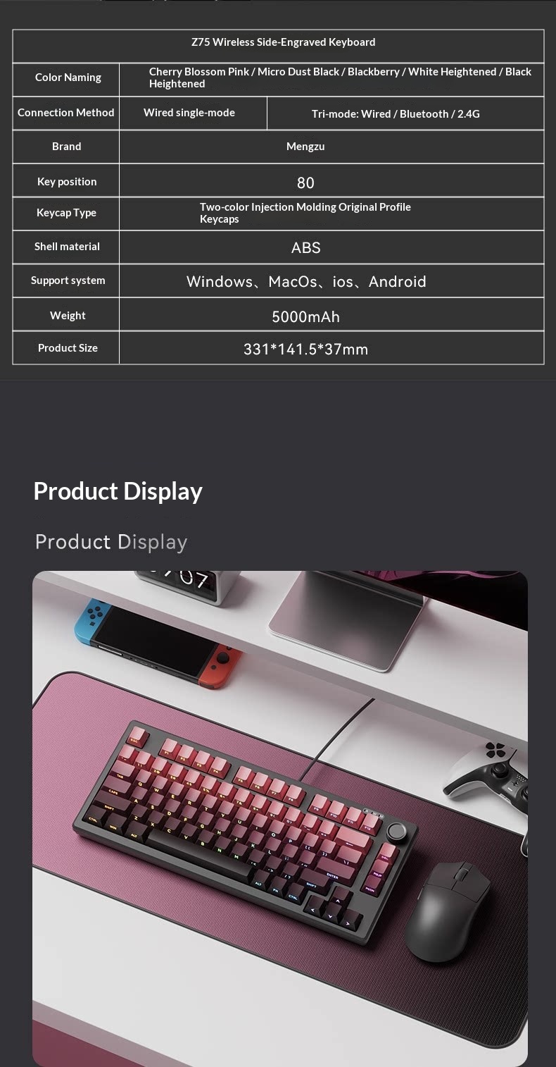 Z75PRO Klein bedraad toetsenbord met mechanisch gevoel, stil, extern, voor laptops, drie modi, speciaal ontworpen voor e-sports gaming_voghion.com