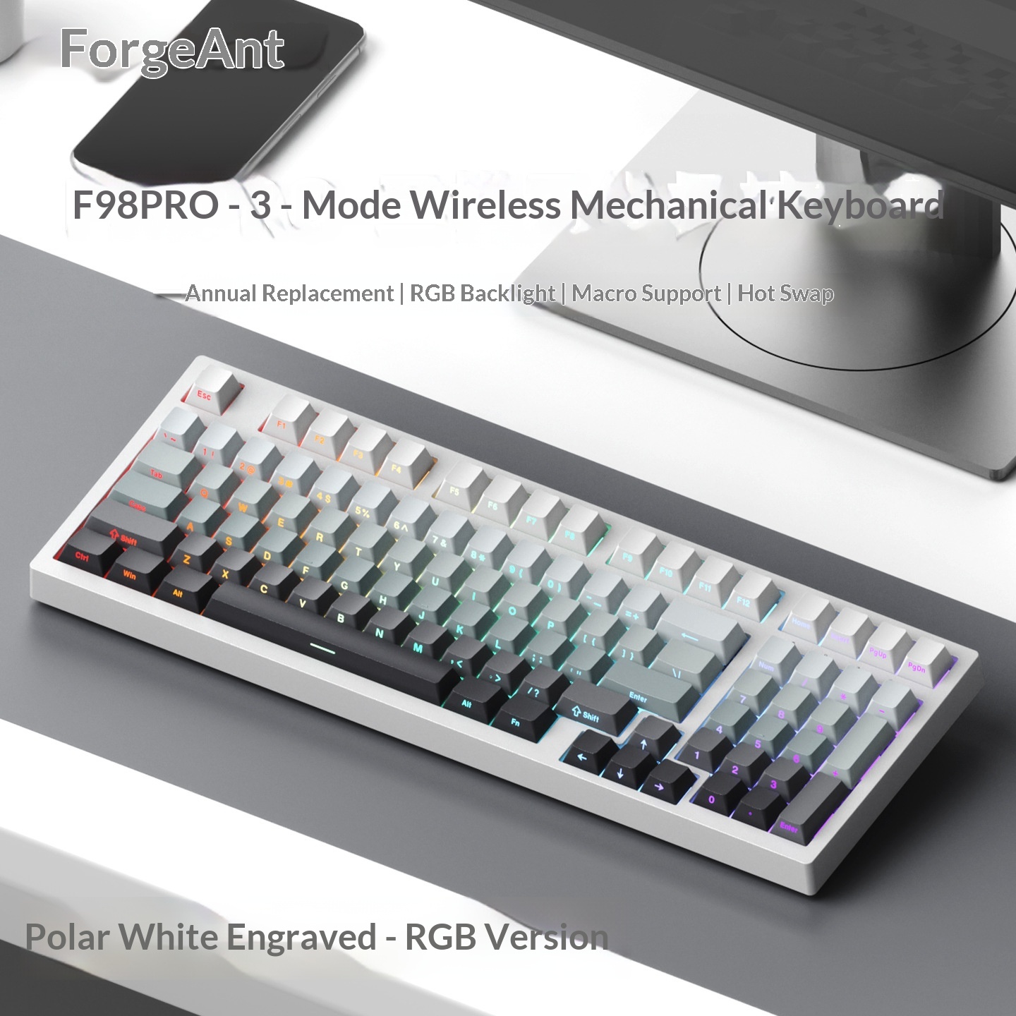 F98PRO Klavye, Oyun İçin Özelleştirilebilir Kablosuz Üç Modlu RGB Bluetooth Mekanik Klavye_voghion.com