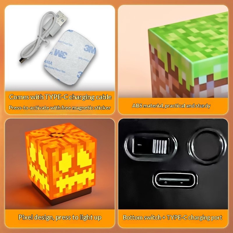 Cross-border Minecraft-themed Block MC Miner's Lamp Glowing Toy Rechargeable Magnetic Night Light Prop Model_voghion.com