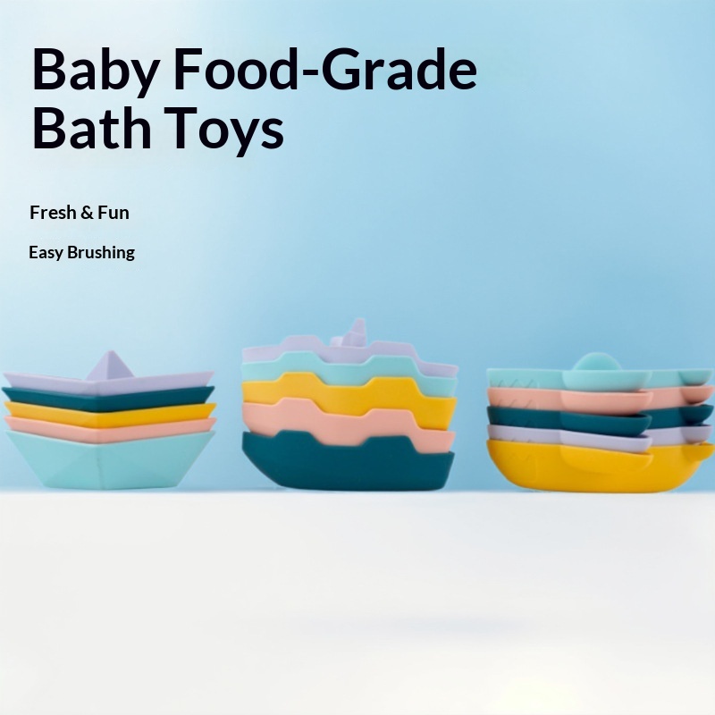 Grenzüberschreitender Großhandel: Dreiteiliges pädagogisches Silikon-Papierboot-Set für Kinder, Hai-Set, Wasserspielzeug_voghion.com