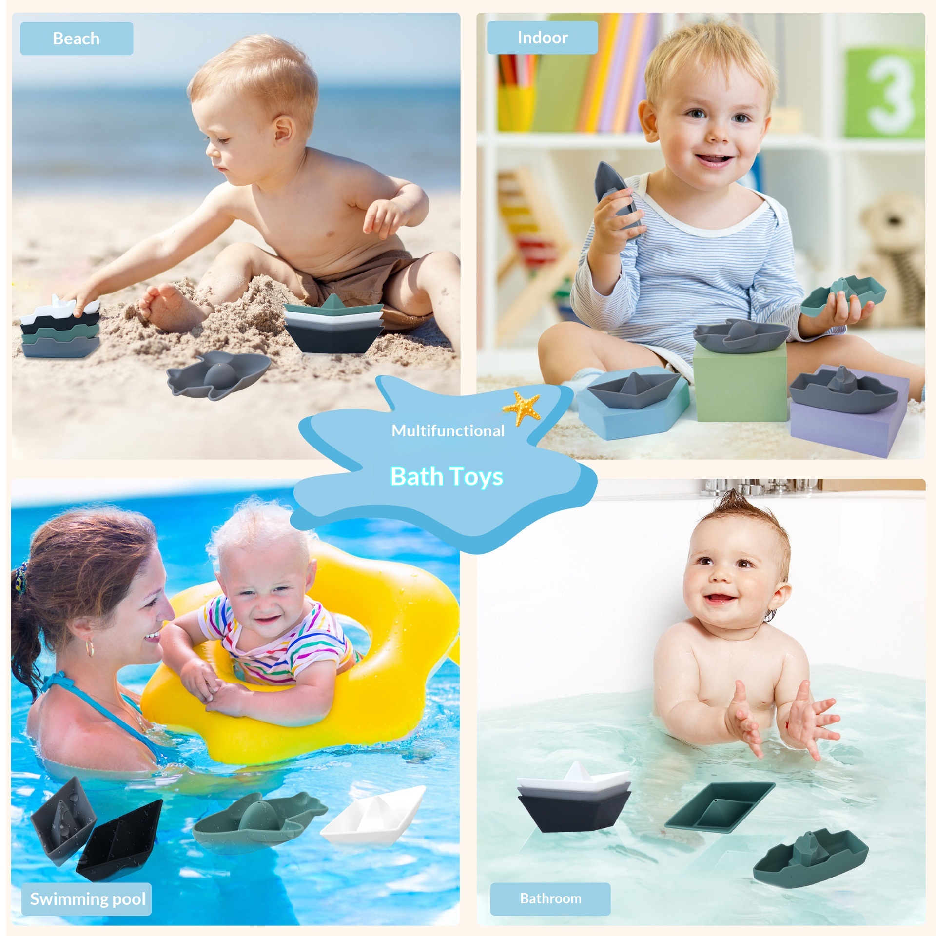 Vente en gros transfrontalière de jouets de bain pour enfants : ensemble de trois pièces comprenant un bateau en papier silicone éducatif, un requin et des jouets pour jouer dans l'eau._voghion.com