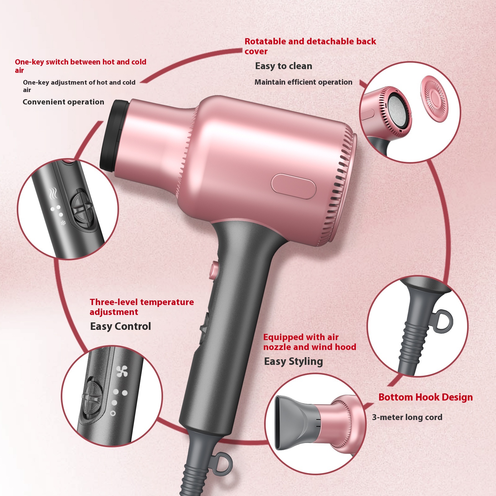 Haartrockner, Blown Away Ionen-Haartrockner für lockiges Haar mit Diffusor, 1199 W schnelltrocknender Föhn, 3 Aufsätze für alle Haartypen, leicht und leise, Roségold_voghion.com