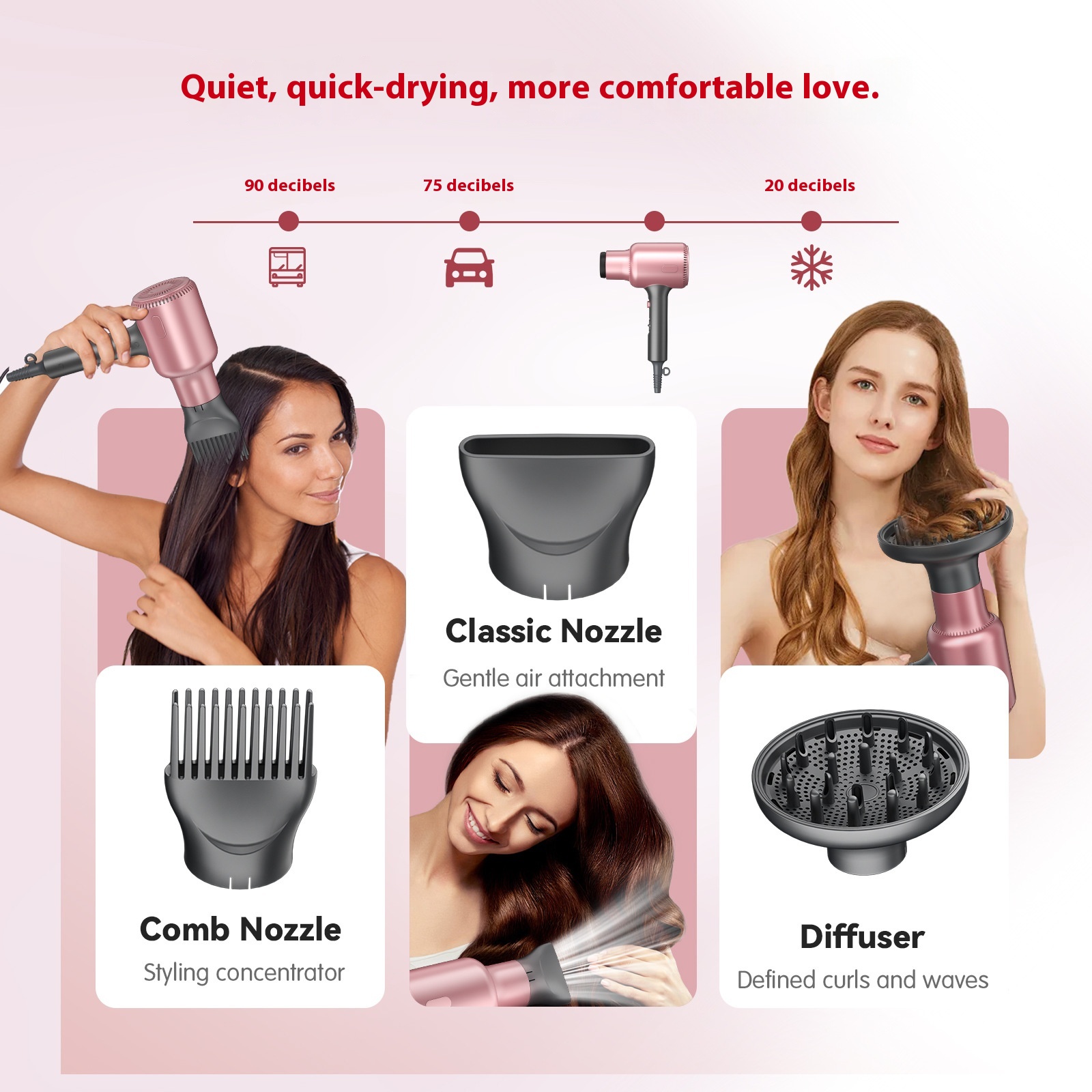 Haartrockner, Blown Away Ionen-Haartrockner für lockiges Haar mit Diffusor, 1199 W schnelltrocknender Föhn, 3 Aufsätze für alle Haartypen, leicht und leise, Roségold_voghion.com