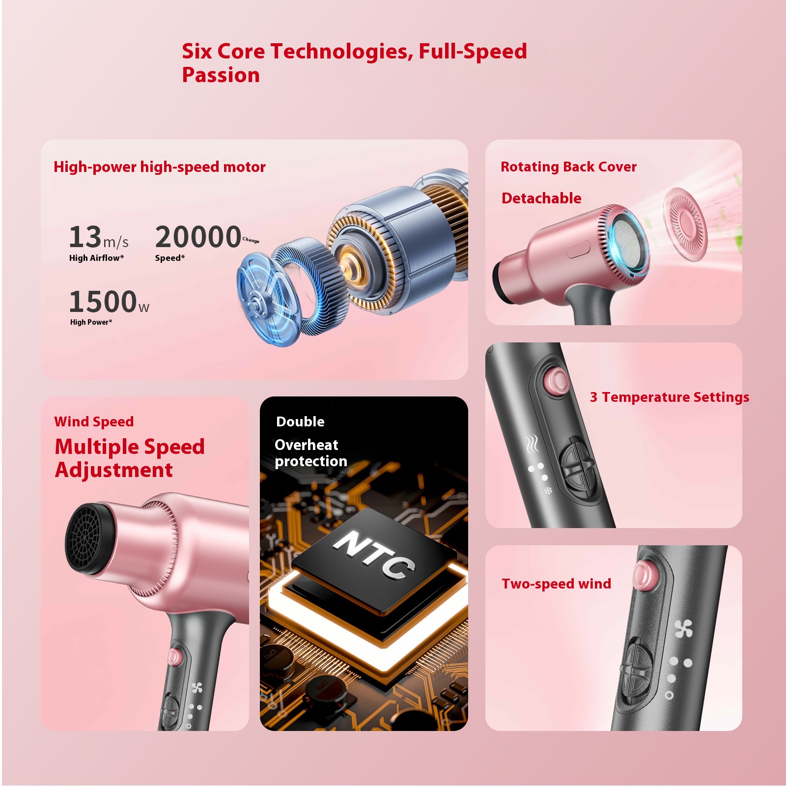 Haartrockner, Blown Away Ionen-Haartrockner für lockiges Haar mit Diffusor, 1199 W schnelltrocknender Föhn, 3 Aufsätze für alle Haartypen, leicht und leise, Roségold_voghion.com