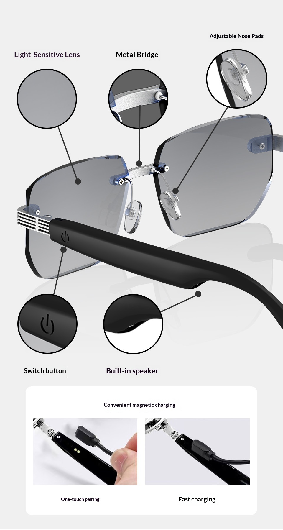 Smart Glasses Frameless Myopia Presbyopia Bluetooth Audio Color Changing Smart Glasses_voghion.com