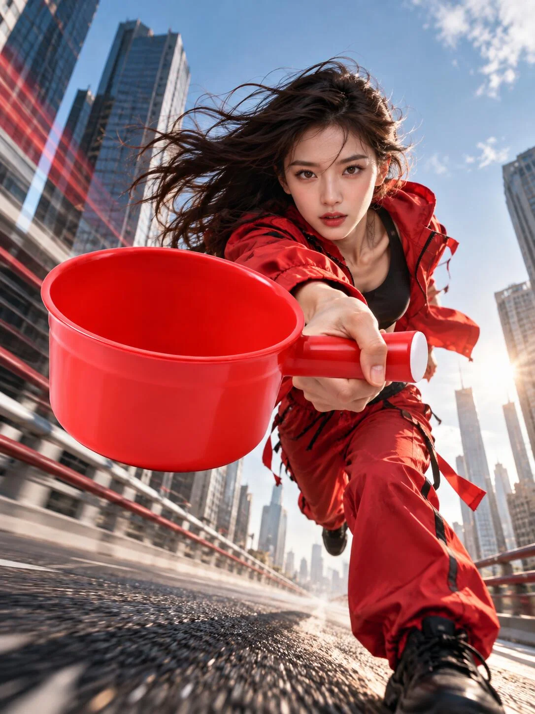 女性穿红色运动服从低机位冲向镜头,红色桶状商品被夸张放在画面前景
