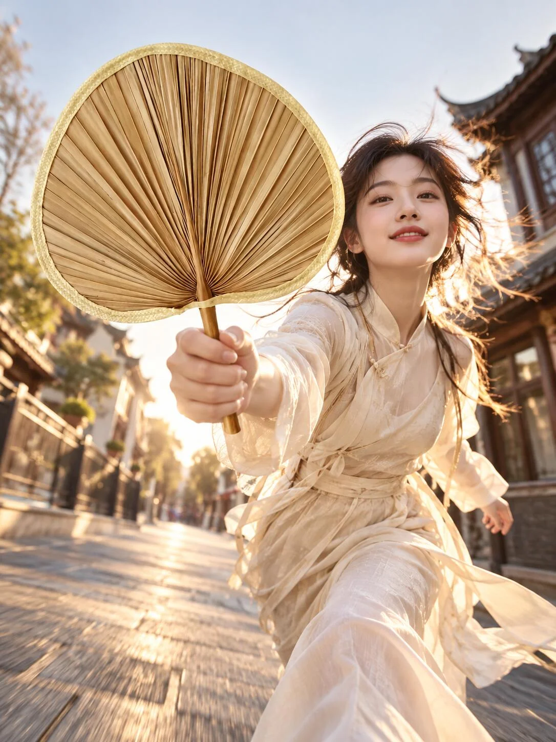 女性穿浅色服装从低机位向镜头伸出一把大型圆形蒲扇,前景明显放大