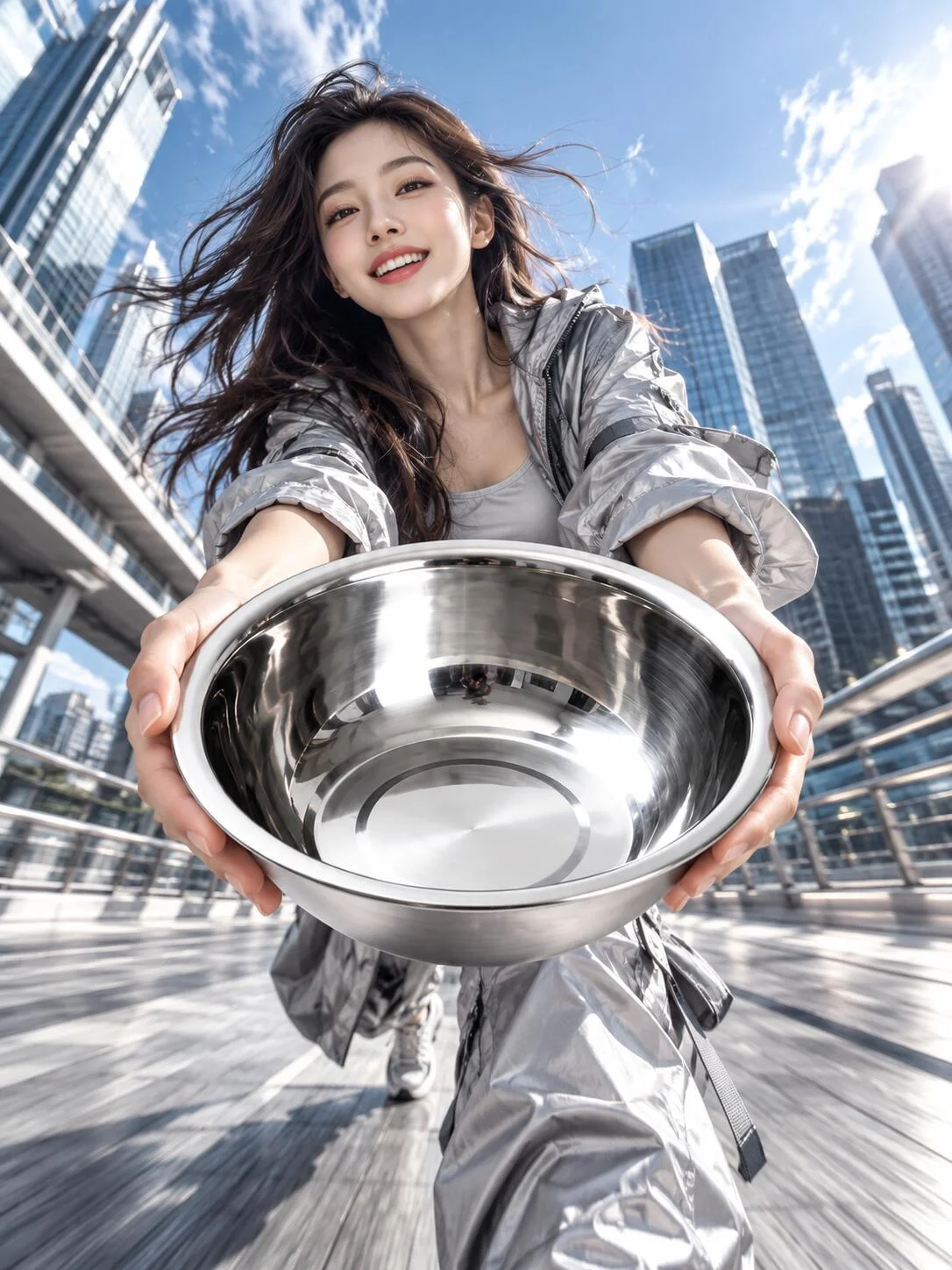 女性从低机位向镜头展示不锈钢圆盆,金属盆位于画面前景并产生明显比例变化