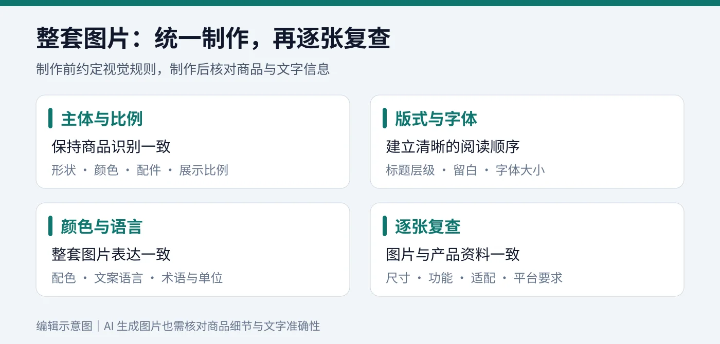 商品主体、版式字体、颜色语言与逐张复查四项视觉检查示意图