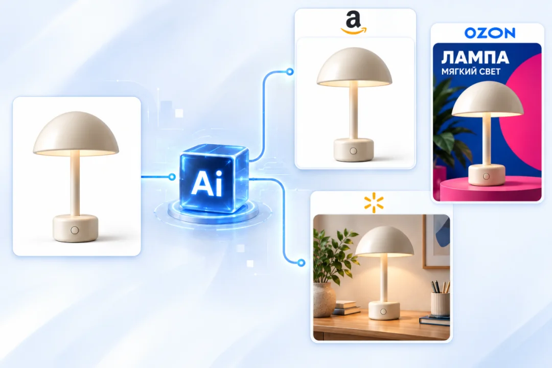 同一盏台灯通过 AI 制作不同展示形式的示意图,包含白底图、俄语卖点图和场景图